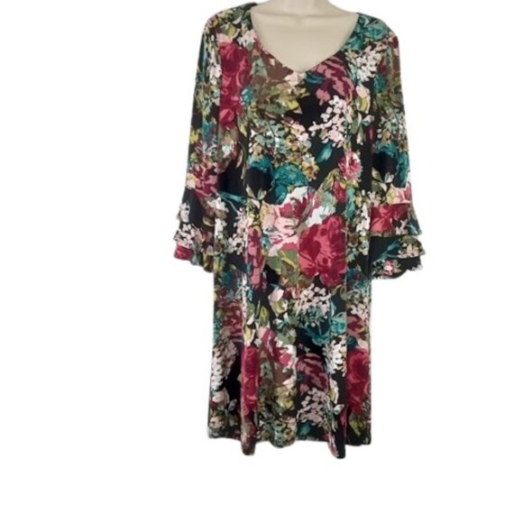 Connected Apparel Womens Shift Dress Black Floral Bell Sleeve Jersey Knit 12 New - Picture 1 of 4